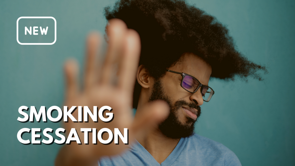 image of man putting his hand up against tobacco and text that says "smoking cessation."